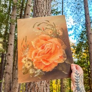 Original Vintage Rise Still Life Painting Floral Orange Vibrant Tones